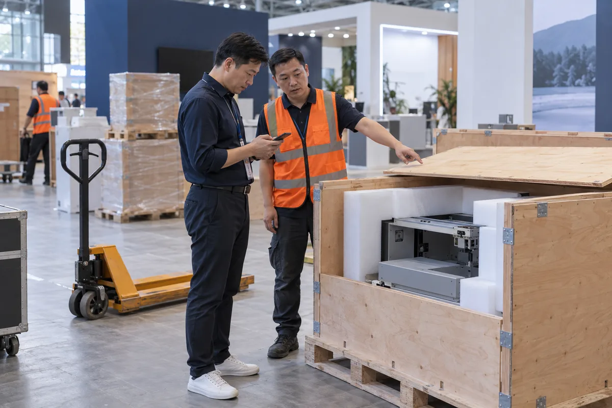 展商与现场人员在撤展包装旁沟通服务安排,普朗服务示意图